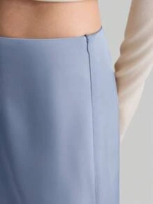 Ontre 女士黑色拉链口袋长款优雅休闲 A 字裙，新款 2025 年春季和情人节 - 藍色 - 查看 3