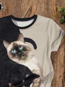 SHEIN LUNE 阴阳黑白猫印花圆领短袖 T 恤，休闲舒适 - 彩色 - 查看 4
