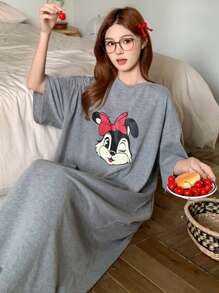 DAZY Cute Cartoon Pattern Printed Loose Nightgown Pajama - Grey - View 3