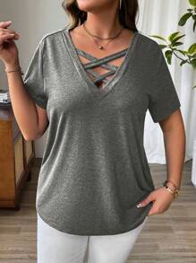 SHEIN Holidaya Plus Size Women's Knit Criss-Cross Neck Short Sleeve T-Shirt, Summer - Grey - View 5