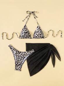 Swim Vcay 3pcs Women's Halter Triangle Bra And Side Tie Triangle Bikini Swimsuit Set For Summer Beach Vacation - Black - View 5