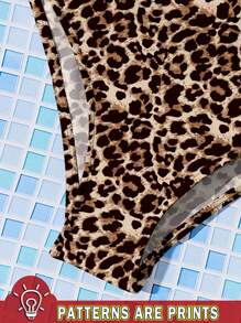 Conjunto de traje de baño con top tipo camiseta de ajuste ceñido y Bottom triangular con diseño de lazo y estampado de leopardo vintage, apropiado para el verano, para niñas jóvenes - Multicolor - Ver 5