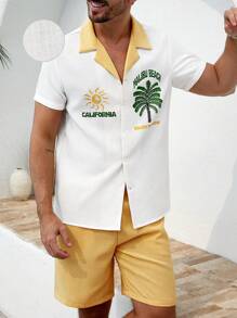 ResortEase Herren Urlaubsset aus Kurzarmhemd mit Palmbaum- und Schriftzug-Muster und Shorts - Verschiedenfarbig - Übersicht 1