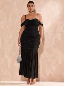 SHEIN BAE Plus Size Women's Spring And Summer Black Long Mesh Gathered A-Line Patchwork Dress,Graduation  Dress,Cut Out Dress,Maxi Skirt Co Ord,Pleated Dress,Long Spring Dress,Resort Wear Women,Mother Day,Mother's Day Gift,Mom,Easter Plus Women Outfits,Holiday Night Outfits,Summer Jacket,Elegant,Concert Outfit Women,Summer Outfits For Women,Summer,Birthday Women Outfits,Wedding Outfit,Graduation Outfit,Club Outfits Women Sexy - Black - View 3