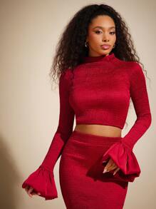 Vixey Solid Satin Ruffle Long Sleeve Crop Top, Spring Outfits, Summer Outfits For Women, Easter Outfits, Summer Tops - Red - View 2