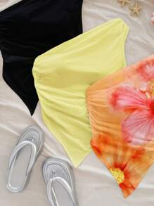 Soleia 3pcs Orange Tropical Floral Print On Yellow Base, Solid Black And Light Yellow Assorted Asymmetric Shoulder Hem Blouse For Women, Suitable For Summer And Beach-Style,Rave Top Suitable For Going Out