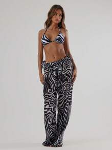 Musera Resort Zebra Print Loose Fit Trousers Vacation Summer Holiday Swim Ibiza Cover Up - Black and White - View 1