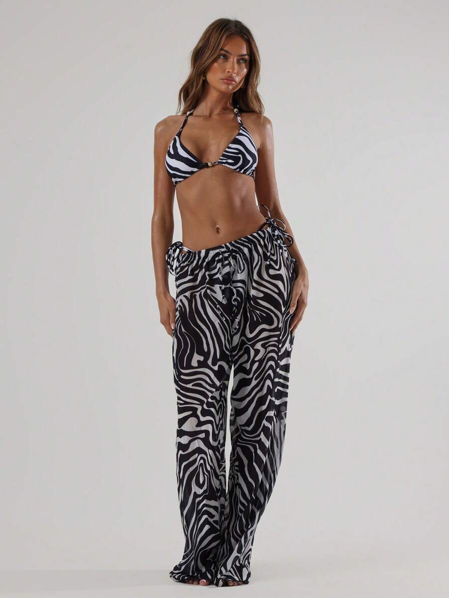 Musera Resort Zebra Print Loose Fit Trousers Vacation Summer Holiday Swim Ibiza Cover Up - Black and White - View 1