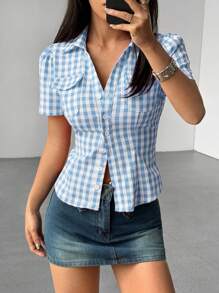 Flirla Red And White Plaid Shirt, Button Front, Chest Pocket, Slim Fit Short Sleeve Blouse For Women, Fashionable Simple Casual Commute Daily Versatile Minimalist Design, Spring/Summer