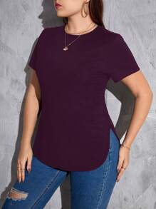 SHEIN Essnce Plus Size Solid Color Short Sleeve Round Neck T-Shirt, Minimalist Fashion, Suitable For Summer Purple