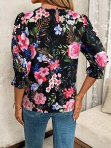 SHEIN Clasi Áo cánh rộng tay ngắn cổ tròn in hoa dành cho nữ, áo kiểu mùa xuân/hè dành cho ngày lễ tình nhân, áo kiểu nông thôn dành cho nữ mùa xuân, áo thường ngày dành cho nữ mùa hè mùa xuân, ngày lễ tình nhân mùa hè - màu đen - Xem 2