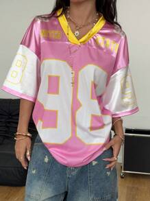 Coolane Damska letnia koszulka uliczna z nadrukiem w kształcie litery "break" i napisem "ball oversize" z błyszczącym dekoltem w serek, różowa, z nadrukiem koncertowym