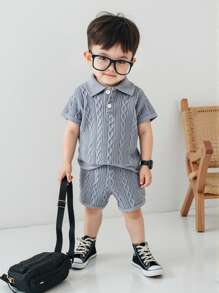 2 件装男婴休闲针织提花短袖 Polo 衫，翻领半开襟，纯色针织松紧腰短裤，夏季，6M-3T，儿童服装，幼儿服装，婴儿服装，婴幼儿服装，幼儿 Polo 衫，幼儿短裤，婴儿套装 - 灰色 - 查看 3