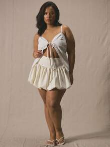 MUSERA Plus Waistband Puff Ball Mini Skirt, Holiday, Elegant Summer Vacation Holiday Festival - White - View 1