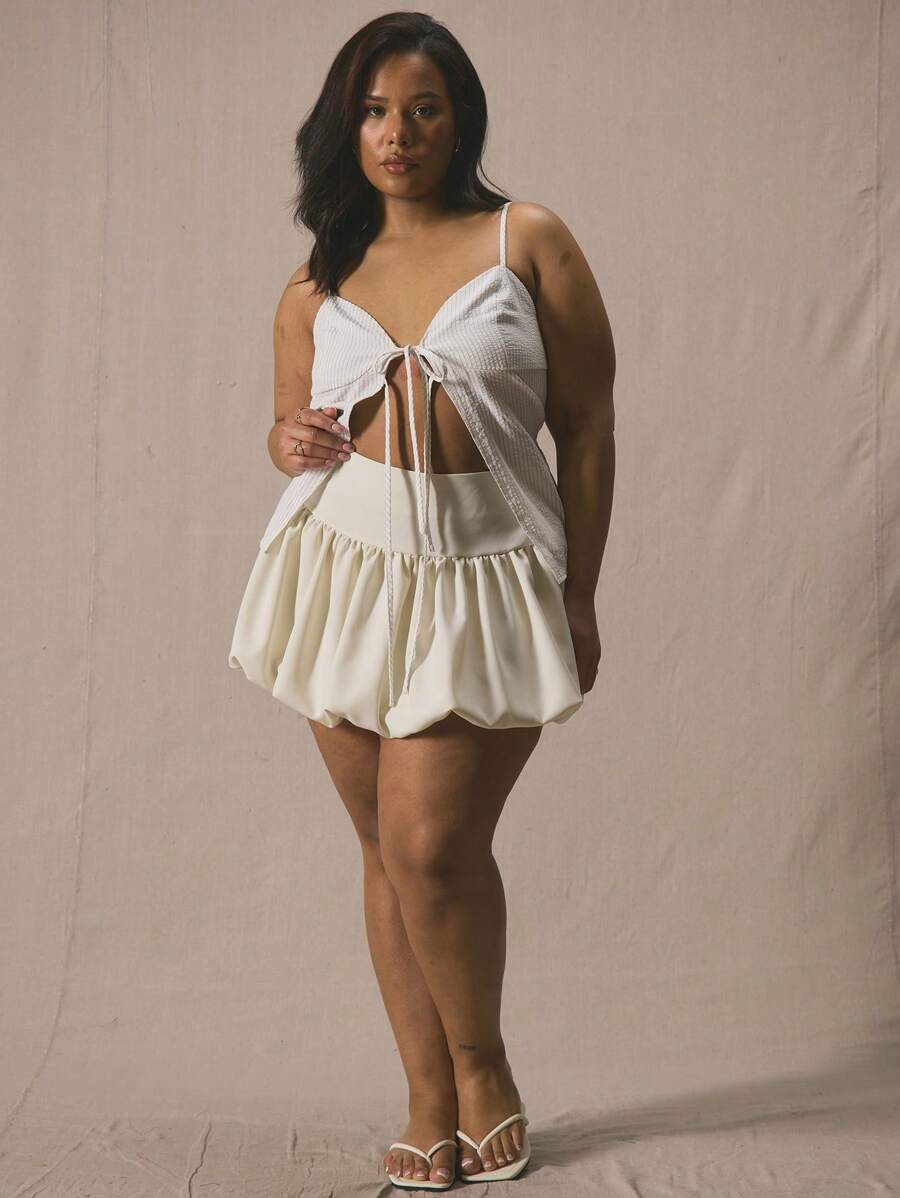 MUSERA Plus Waistband Puff Ball Mini Skirt, Holiday, Elegant Summer Vacation Holiday Festival - White - View 1