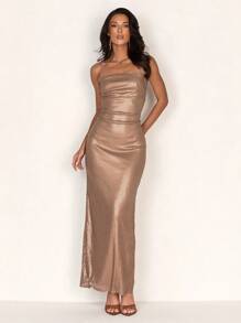 Glamine Elegant Metal Look Sequin Bodycon Party Dress - Coffee - View 1