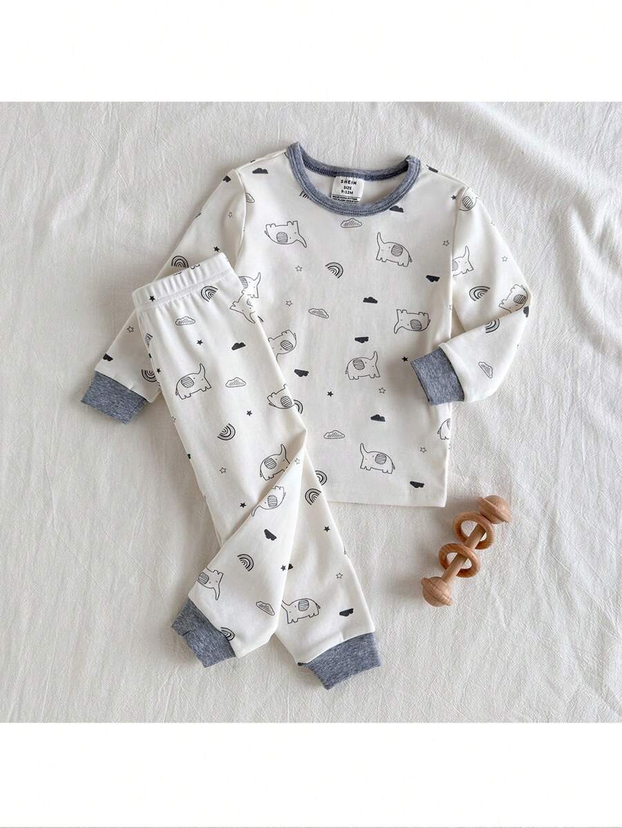 Loomiva Baby Boy Snug Fit Pajamas Set - Soft Knit Long Sleeve Top And Elastic Waist Pants, 2pcs - Grey - View 1