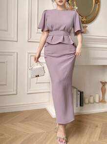 DAZY Conjunto de 2 peças Elegante, composto por Blusa de Mangas Curtas com Babados de Gola Redonda e Uma Cor Sólida, e Saia Midi com Bainha Peixe - Roxo - Visão 8