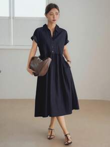 Dazy-Less Robe d'été mi-longue décontractée en lin à manches courtes, taille cintrée, couleur unie, style "Old Money", robe chemise décontractée pour femmes, tenue de professeur - Bleu marine - Voir 9