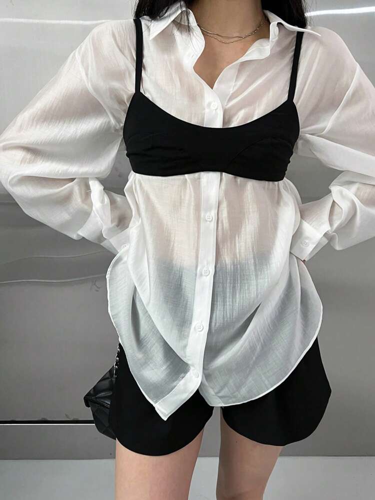 Women's Loose Fit White Collared Long Sleeve Shirt, Cropped Length Camisole Overlay