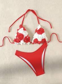 Swim Mod Contrast Color 3D Floral Decor Bikini Swimsuit Set For Vacation Beach - Red and White - View 3