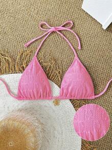 Swim Mod 1 szt. Damski jednolity kolor teksturowanej tkaniny różowy Halter trójkątny strój kąpielowy Top strój kąpielowy Top na letnie wakacje na plaży