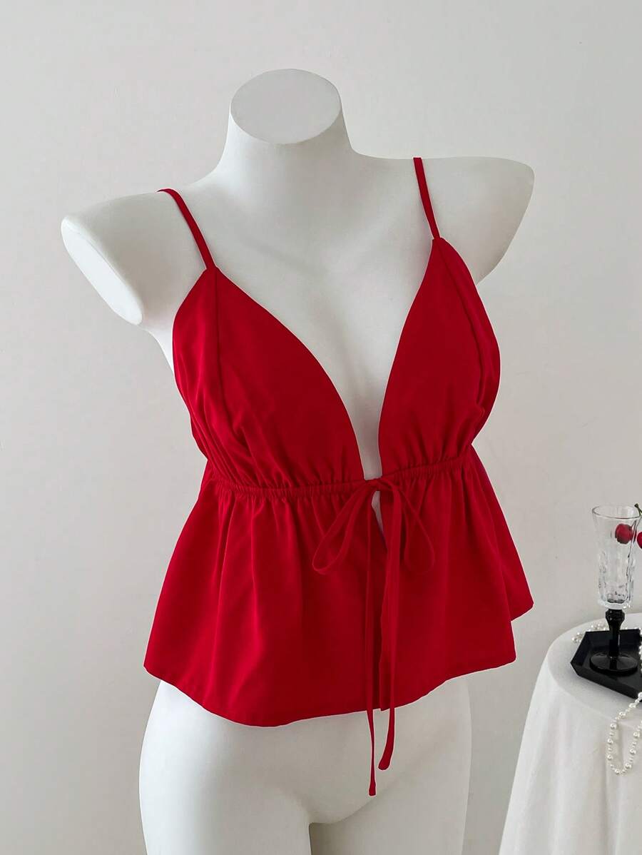 Elamini 女士性感纯色系带 V 领吊带背心，夏季 - 紅色 - 查看 1