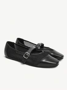 CUCCOO CHICEST 女士网眼拼布方头平底优雅浪漫休闲黑色网眼平底玛丽珍鞋，适合下午茶、约会、优雅装扮、度假 - 黑色 - 查看 10