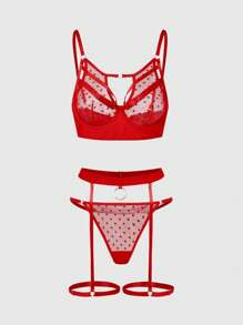 ROMWE Goth 3 件套哥特式波尔卡圆点网眼钢圈文胸、链式吊带和吊袜带、性感内衣套装 - 紅色 - 查看 6