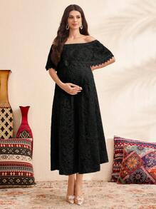 SHEIN Women's Simple Off-Shoulder Maternity Dress, Daily Wear - Black - View 3