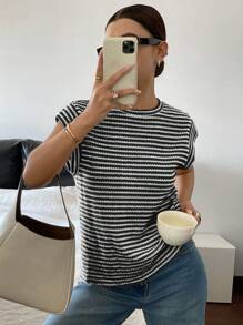 Siren Gaze Women Striped Crew Neck Short Sleeve Casual Versatile T-Shirt Summer - Black and White - View 7