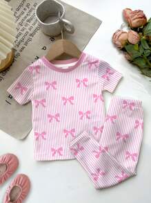 SHEIN Leap Crew Baby Girl Striped Bow Print Casual Minimalist Snug-Fit Round Neck Short Sleeve Pants Pajama Set, Suitable For Summer - Multicolor - View 2