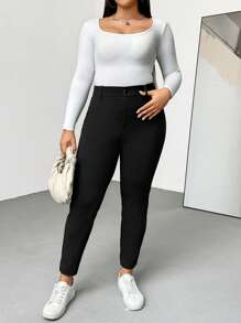 SHEIN Essnce Collant neri basic, elastici e aderenti, adatti per tutte le occasioni, dalla vita quotidiana al lavoro, in stile minimalista, comodi e con elasticità, per donne curvy e taglie forti, ideali per primavera ed estate