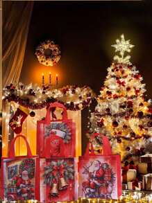 4/12/20pcs Gift Bags With Santa Claus Print - Reusable Party Gift Tote Bags For Presents - Non-Woven Retail Shopping Bags With Handles For Holiday & Birthday Gifts, Valentine's Day, Valentines Wedding, Birthday,Christmas Decorations, Suplies