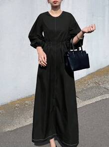 FRIFUL Women Solid Color Round Neck Lantern Sleeve Casual Long Dress Summer Beach Wear
