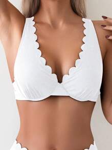 SHEIN Swim Women Beach Outfits Solid Color Deep V Sexy Burnout Crafted Steel Wire White Bikini Swimsuits Set For Summer Beach Vacation - White - View 5