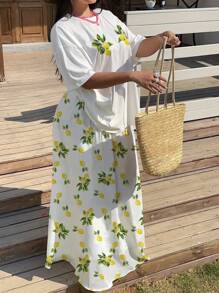 SHEIN MOOSTA Plus Size Women 2pcs Lemon Print Short Sleeve Round Neck T-Shirt And Skirt Set - White - View 6