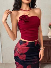 EastFlair Women's Elegant Solid Color 3D Floral Decor Bandeau Top - Red - View 3