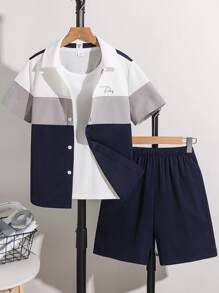 2 Packs Tween Boy Casual Sports College Artistic Style Retro Back With Letter Pattern Stitching Lapel Shirt And Shorts Set Suitable For Kids Outfits Toddler Boy Clothes Back To School Boys Set Suitable For Birthday Parties, Evening Parties, Performances, Weddings, Baptisms, Opening Ceremonies Daily Suitable For Daily Use Suitable For School Suitable For Travel Suitable For Sports Suitable For Spring And Summer Seasons - Blue - View 1