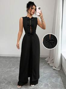 Chiquease 2pcs/Set Women's Bowknot Contrast Color Sleeveless Top & Wide Leg Pants Set - Black - View 3