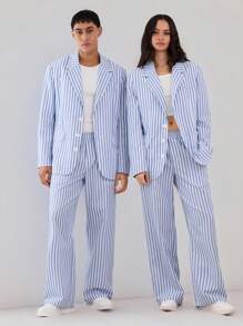 Manfinity VCAY 2pcs/Set Loose Woven Striped Imitation Linen Suit Set, Including Jacket And Wide Leg Pants - Blue and White - View 5
