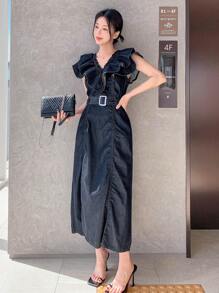 DAZY 夏季新款休闲舒适海滩度假音乐节牛仔连衣裙，荷叶边 - 藍色 - 查看 7