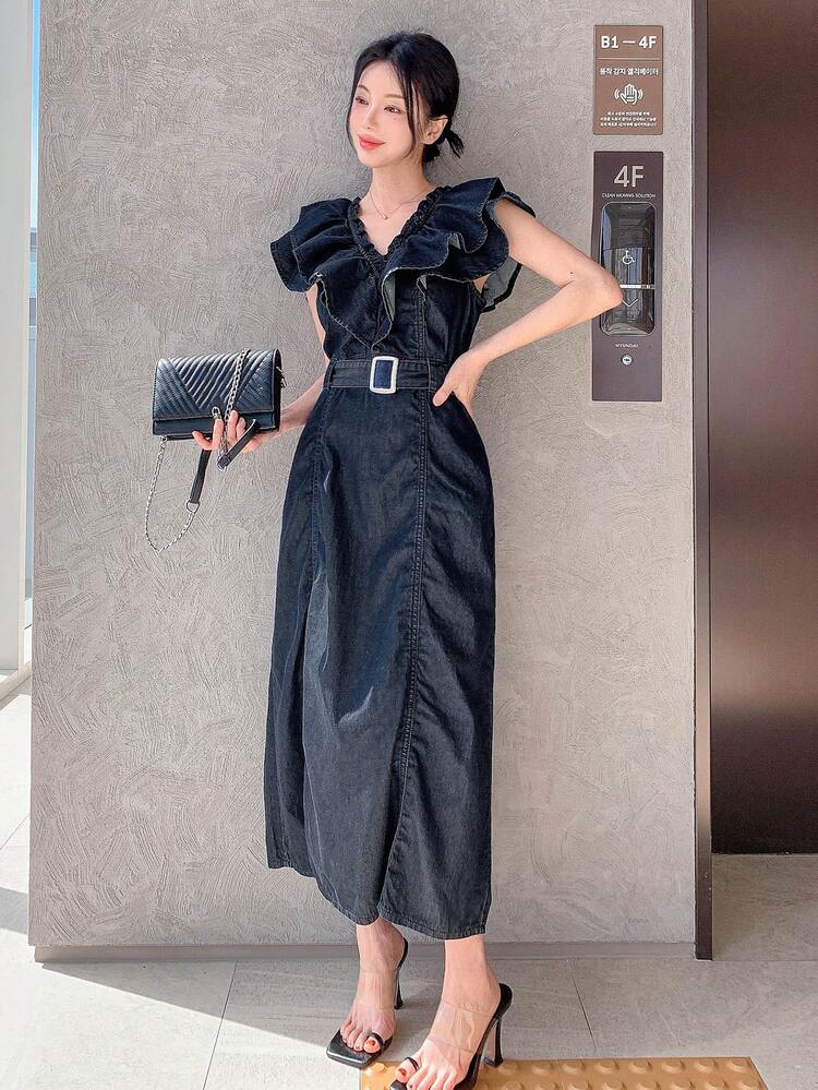 Summer New Casual Comfortable Beach Vacation Denim Dress For Music Festival,Ruffle