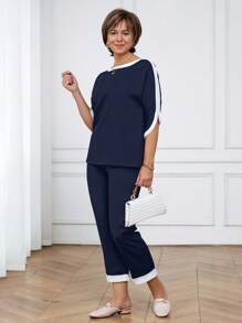 Miaspire 2pcs Women Casual Set: Ribbed Hem Round Neck Short Sleeve Top And Pants