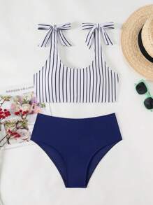 SHEIN Swim Striped Printed Twist Bikini Swimsuit (Print Random), Summer - Multicolor - View 1