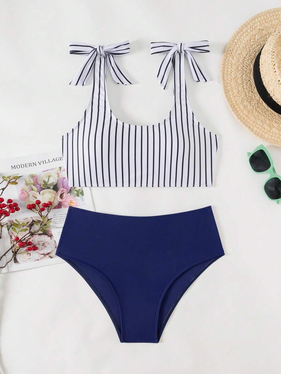 SHEIN Swim Striped Printed Twist Bikini Swimsuit (Print Random), Summer - Multicolor - View 1