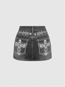 ROMWE Grunge Punk Y2K Retro Midriff-Revealing Mini Skirt With Cross & Wing Embroidery, Including Underpants (Set) - Dark Grey - View 1