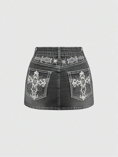 Grunge Punk Y2K Retro Midriff-Revealing Mini Skirt With Cross & Wing Embroidery, Including Underpants (Set)