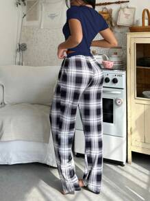 Lowkey Lull 2pcs Women Crew Neck Top & Plaid Pants Set, Loungewear Outfit - Multicolor - View 2