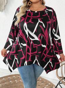 SHEIN CURVE+ Camiseta suelta de manga 3/4 con cuello redondo y bajo asimétrico para mujer de talla grande, con estampados de San Valentín, rosa, corazón, lunares, amor, labios, Cupido, flores 3D